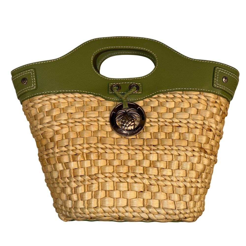 Tommy Bahama Woven Straw Bag Olive Green Leather Trim Pineapple Charm Tote